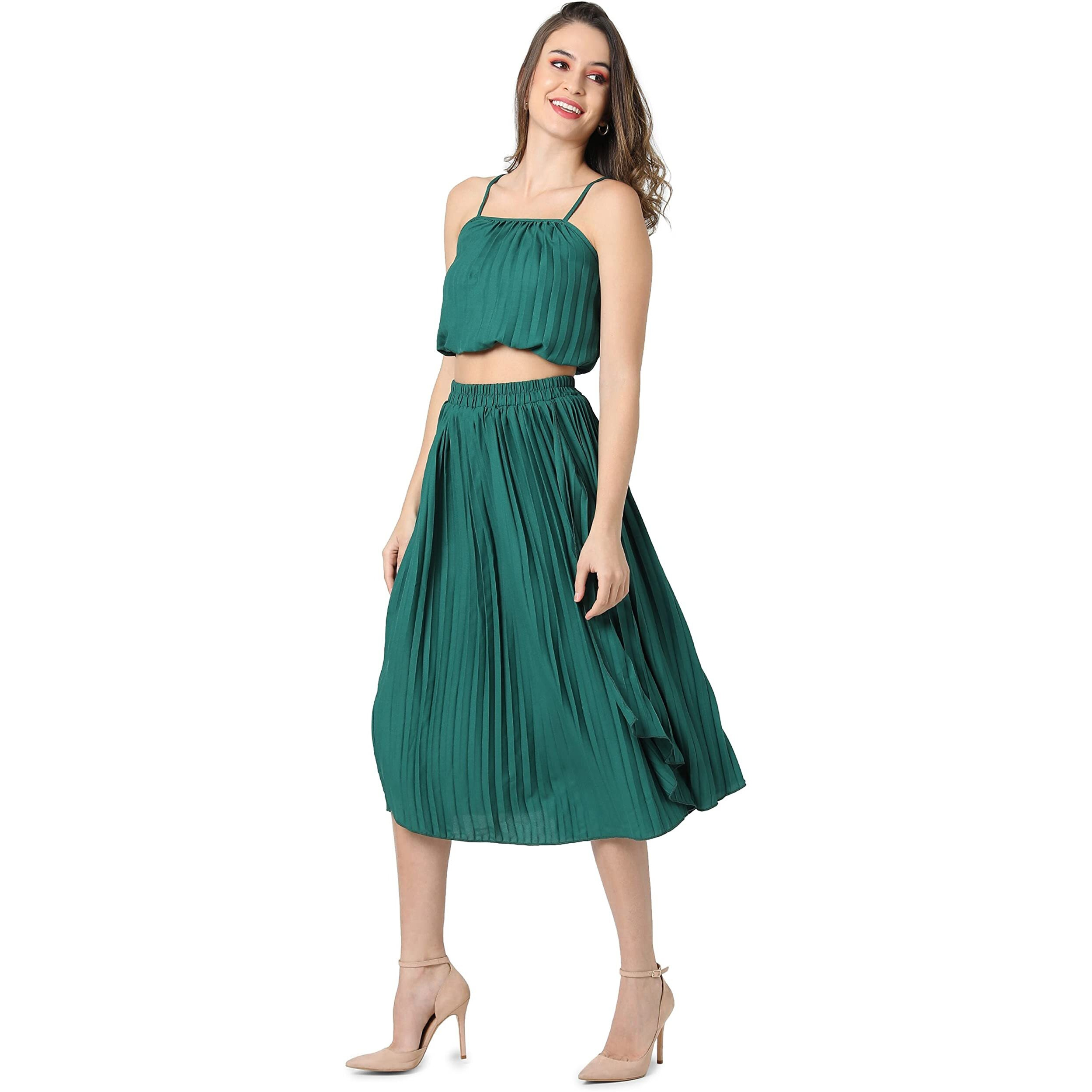 Campus Sutra Women Solid Stylish Casual Co-Ord Set (Skirt & Top)(Ssmr22_Cswssco5064_L) Green