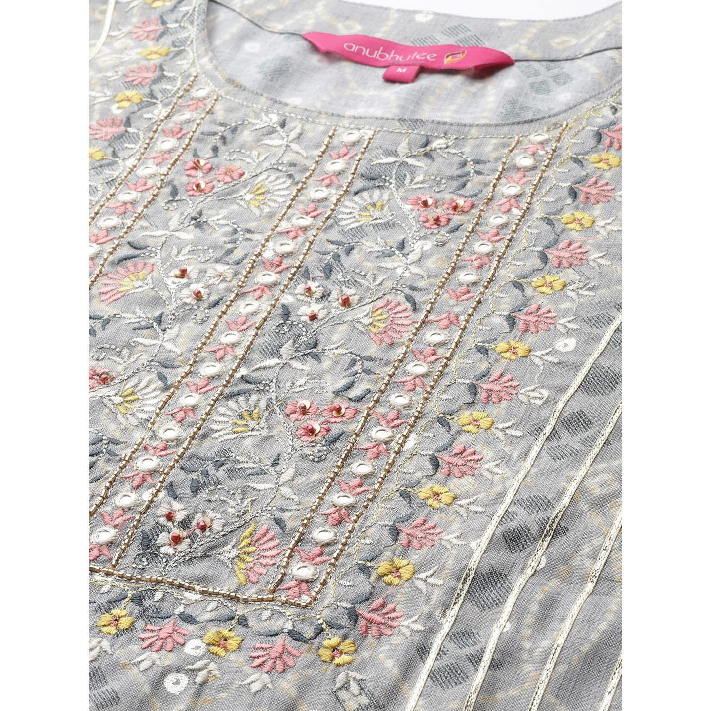 Anubhutee Women's Muslin Grey Bandhani Printed Straight Kurta Suit Set With Pants