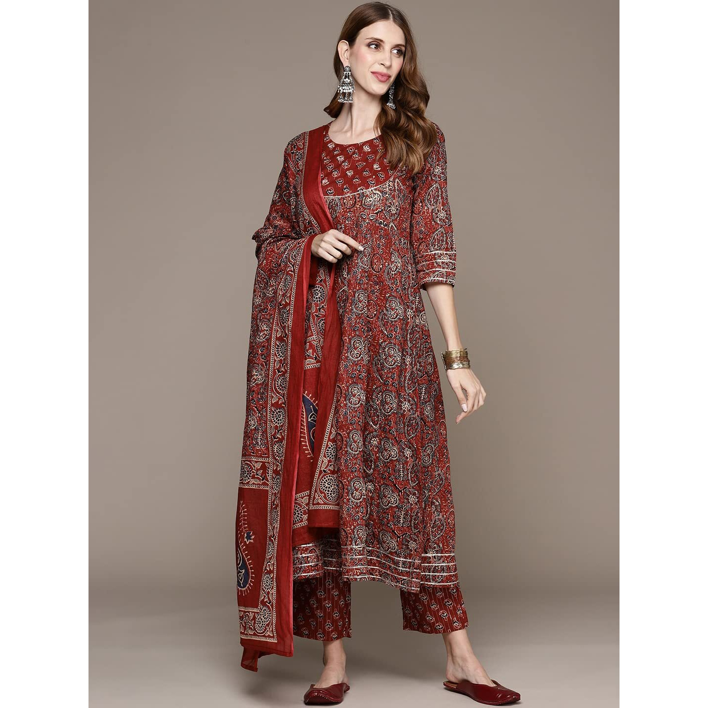 Anubhutee Women's Rust Sequinned Kurta Set With Trousers And Dupatta