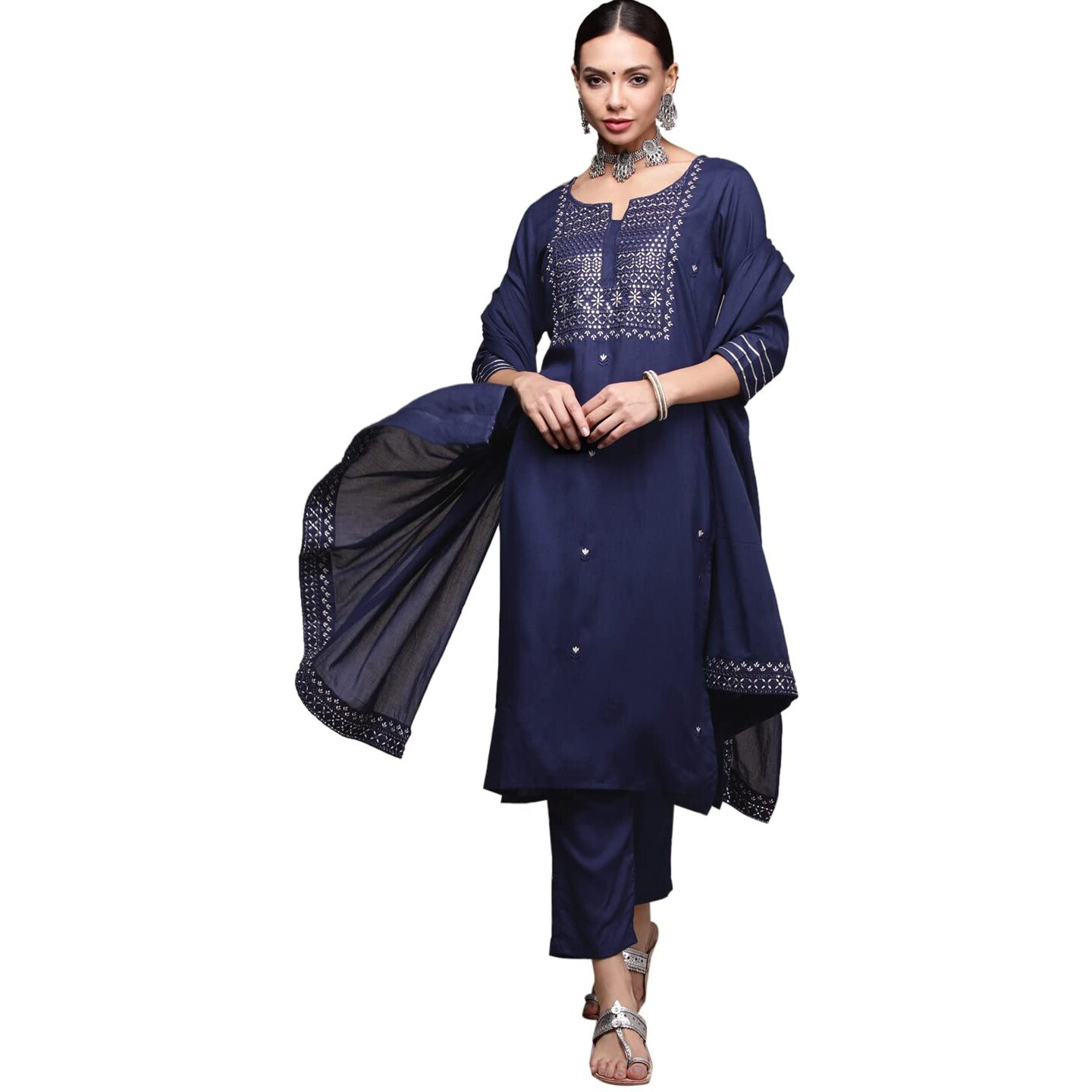 Anubhutee Women's Rayon Navy Blue Floral Embroidered Straight Kurta Suit Set With Pants And Dupatta