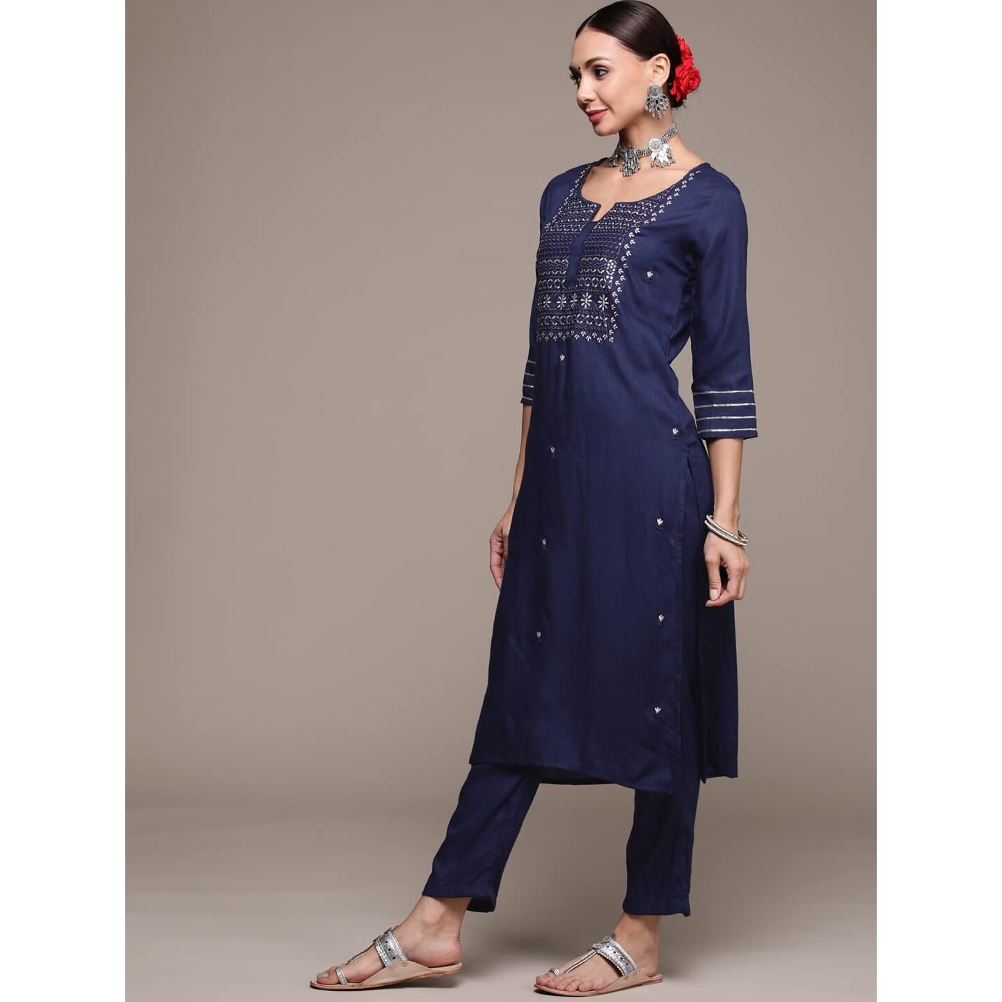 Anubhutee Women's Rayon Navy Blue Floral Embroidered Straight Kurta Suit Set With Pants And Dupatta