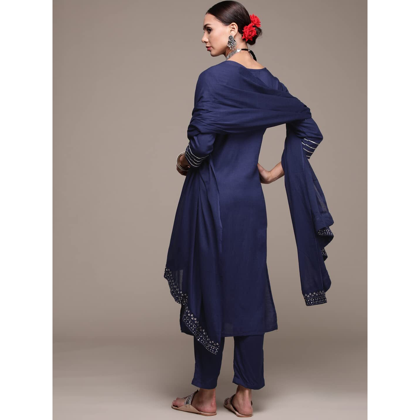 Anubhutee Women's Rayon Navy Blue Floral Embroidered Straight Kurta Suit Set With Pants And Dupatta