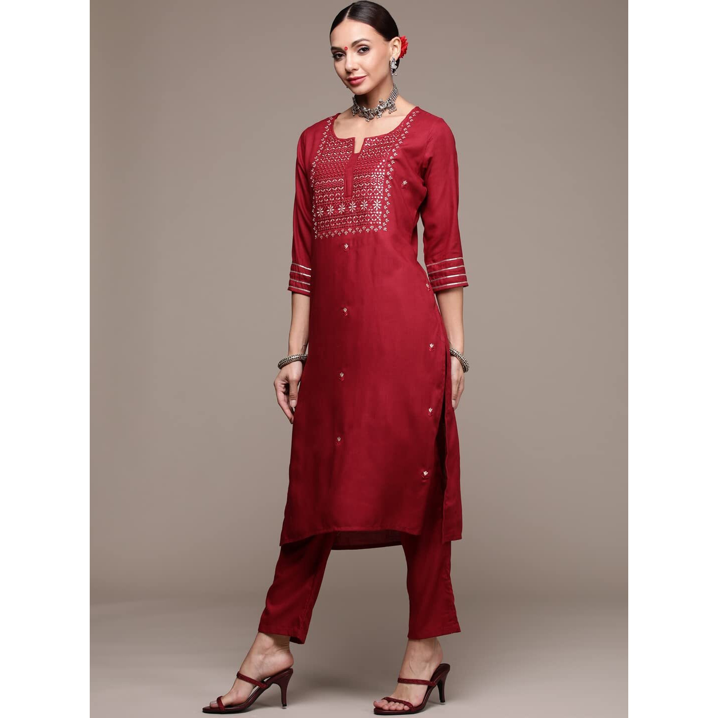 Anubhutee Women's Rayon Maroon Floral Embroidered Straight Kurta Suit Set With Pants And Dupatta