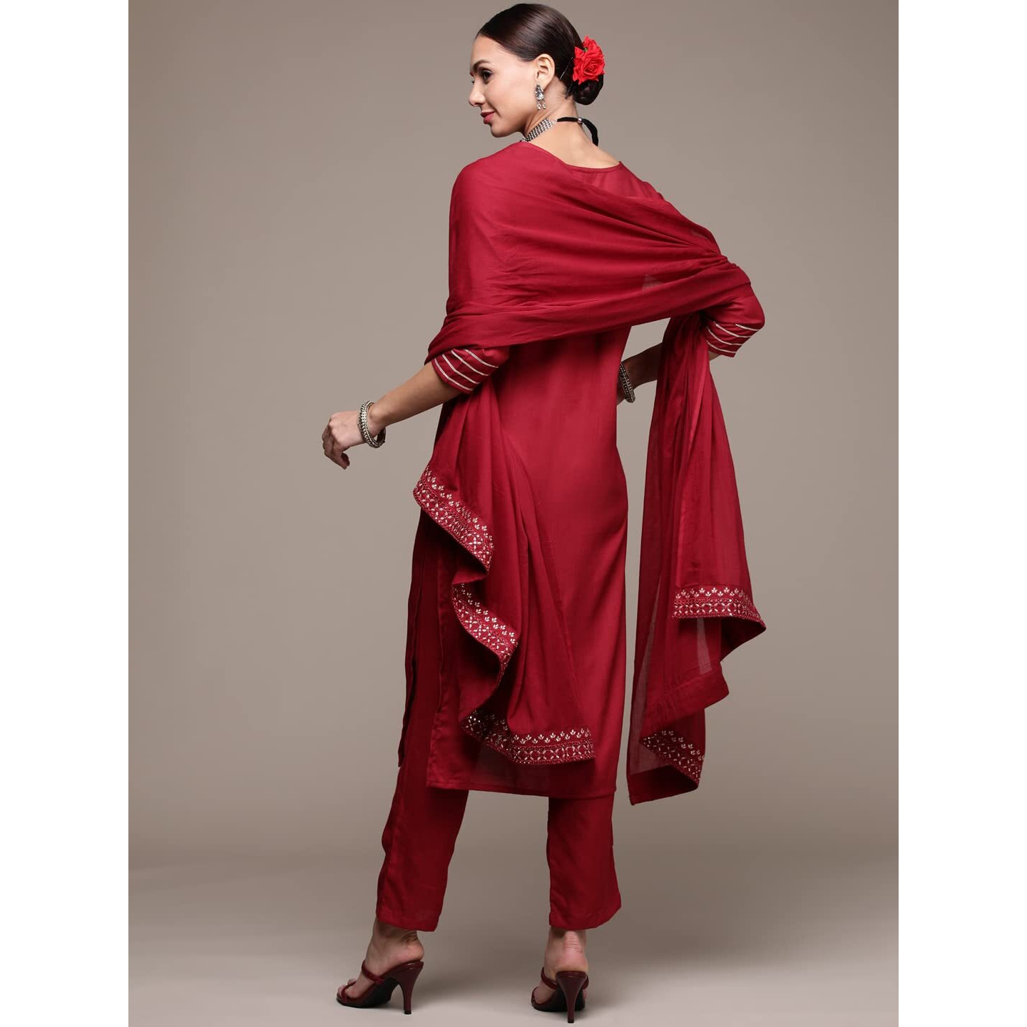 Anubhutee Women's Rayon Maroon Floral Embroidered Straight Kurta Suit Set With Pants And Dupatta