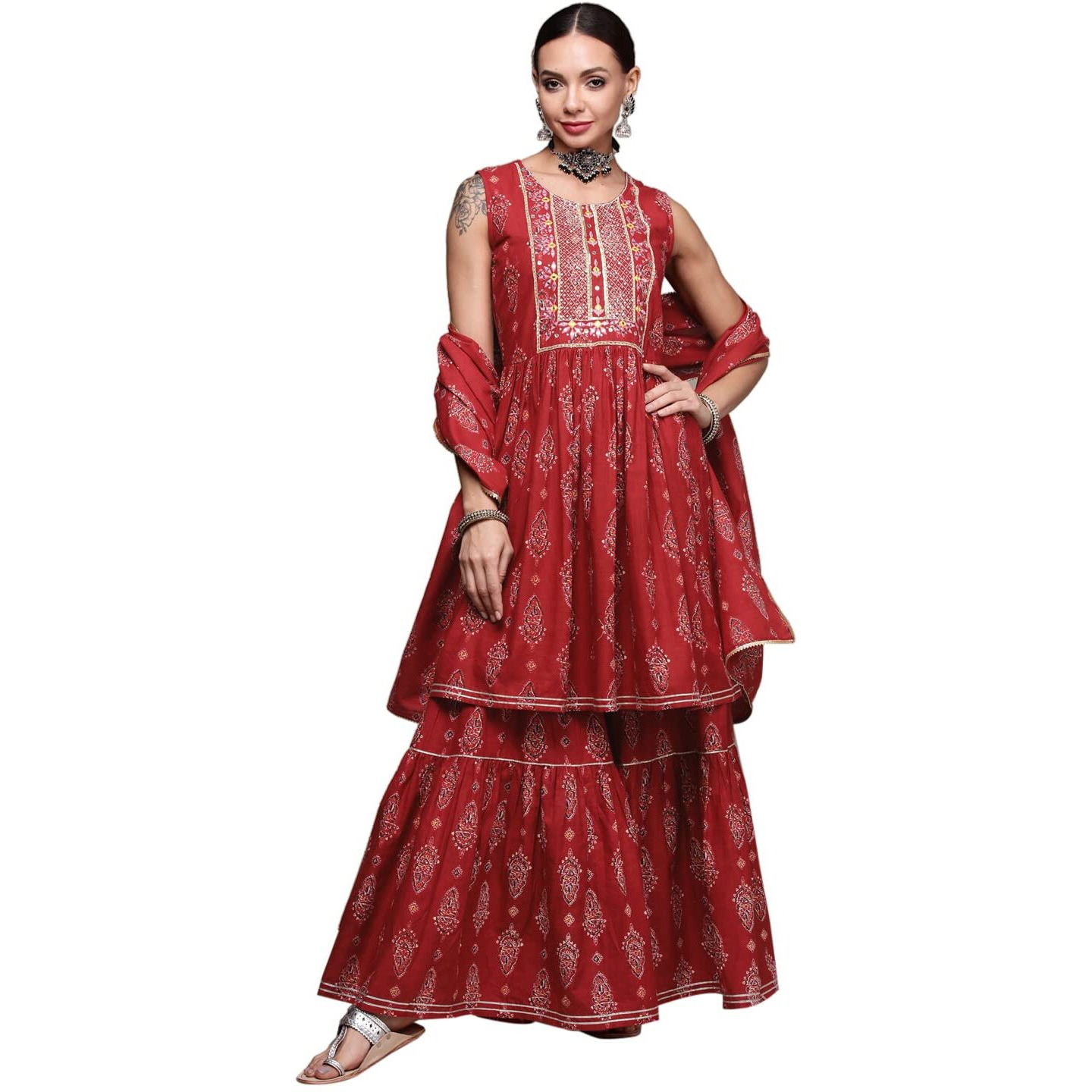 Anubhutee Women's Cotton Rust Red Abstract Printed A-Line Kurta Suit Set With Sharara And Dupatta
