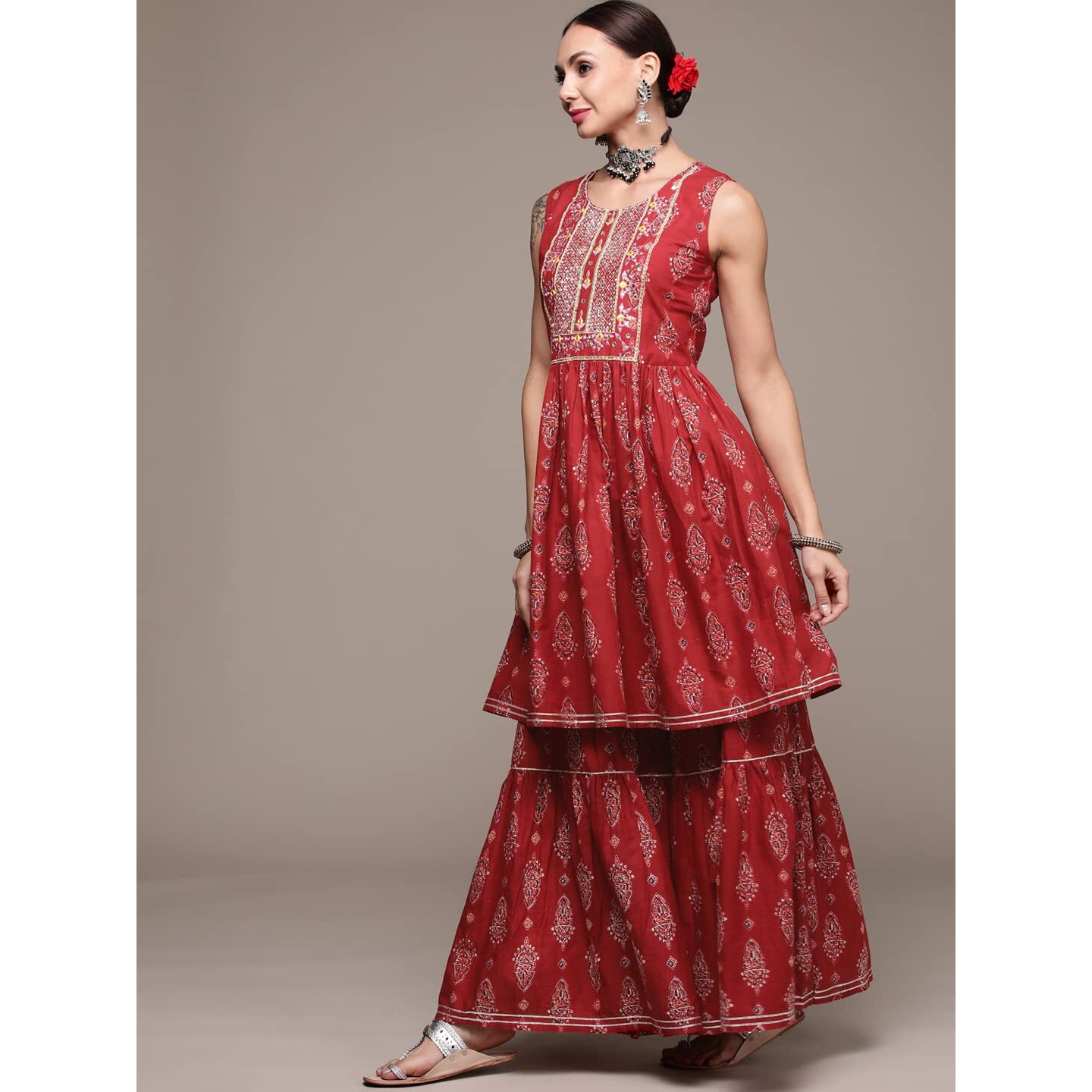 Anubhutee Women's Cotton Rust Red Abstract Printed A-Line Kurta Suit Set With Sharara And Dupatta