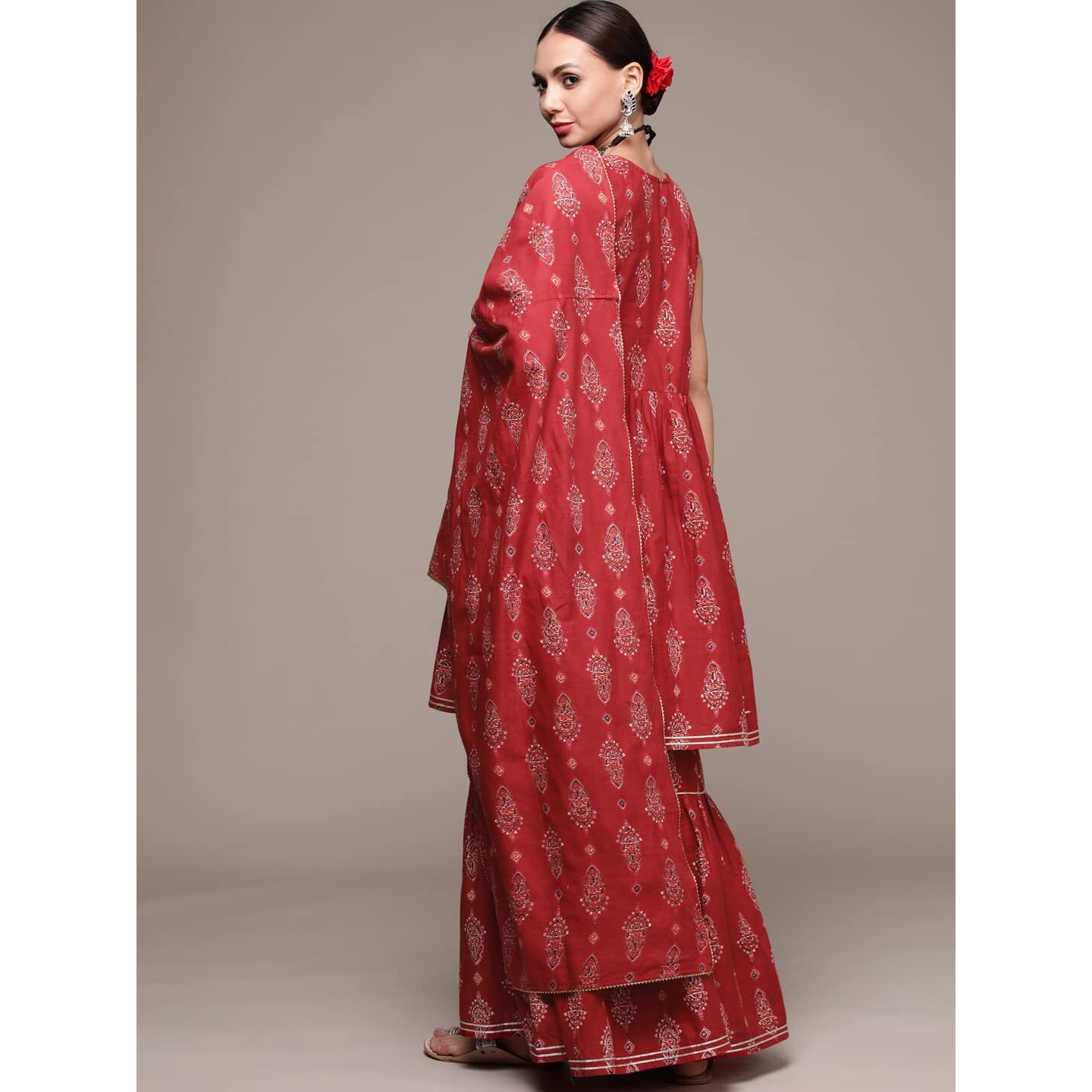 Anubhutee Women's Cotton Rust Red Abstract Printed A-Line Kurta Suit Set With Sharara And Dupatta