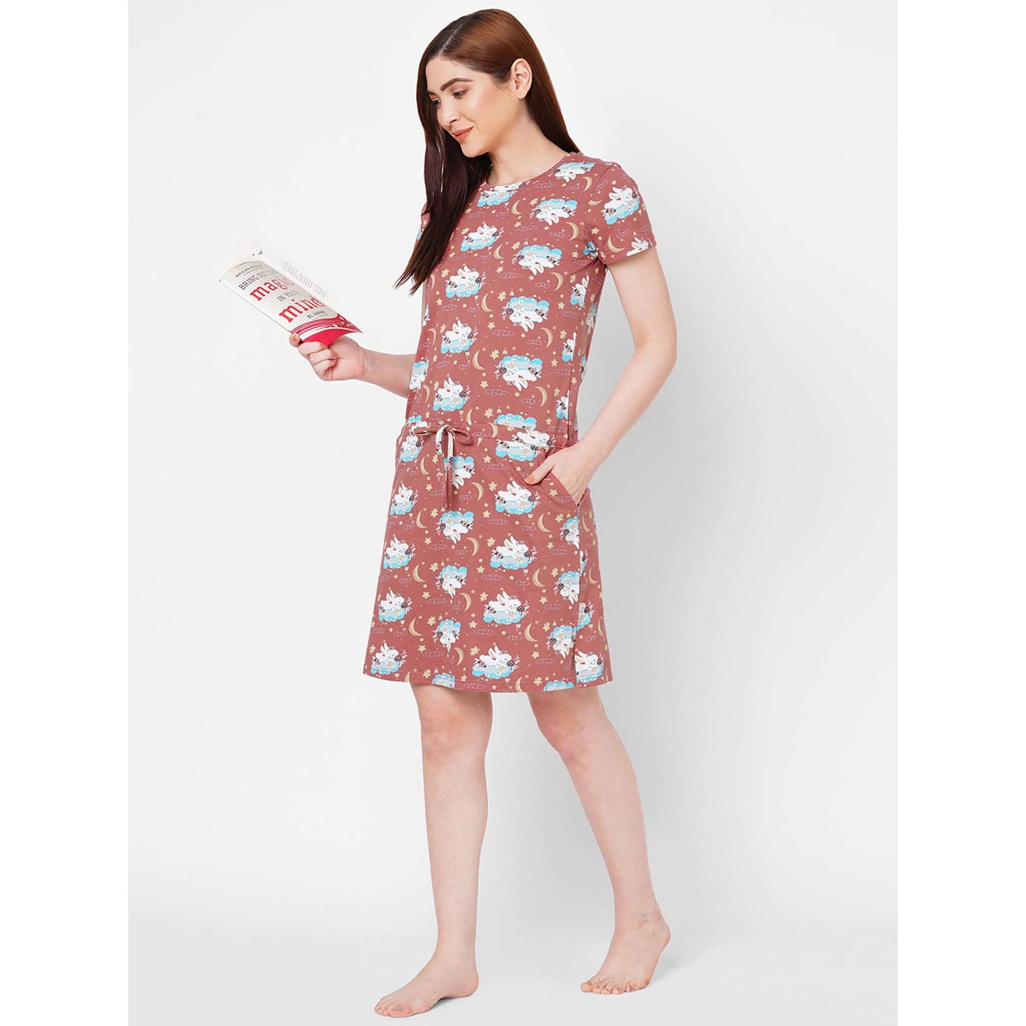 Sweet Dreams Women's Cotton Kaftan Above The Knee Casual Dress (Ocw-2338_Twilight Rose