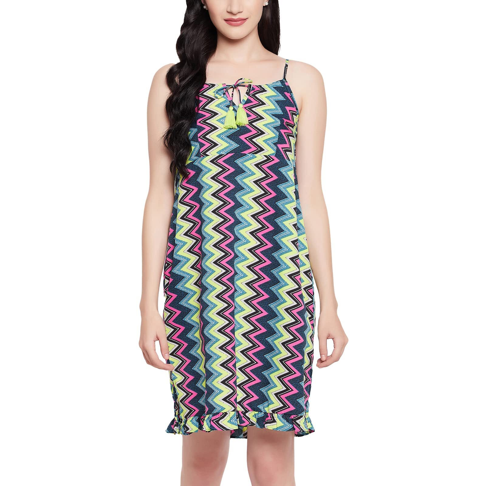 Clovia Women's Crepe Chevron Print Resort Wear Slip Dress With Ruffles (Rw0055P19_Multi_Xl) Multicolour
