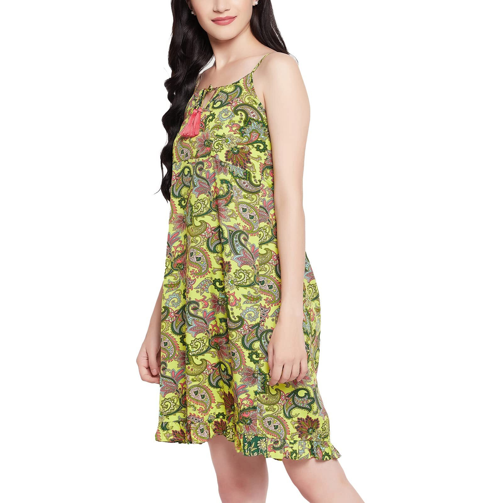 Clovia Women's Crepe Paisley Print Resort Wear Slip Dress With Ruffles (Rw0055P11_Green_L)
