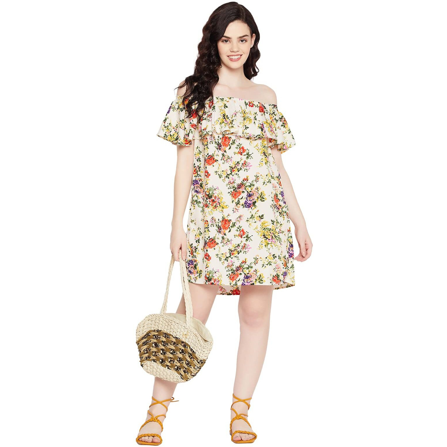 Clovia Women's Crepe Pretty Florals Resortwear Bardot Dress (Rw0018P18_White_L)