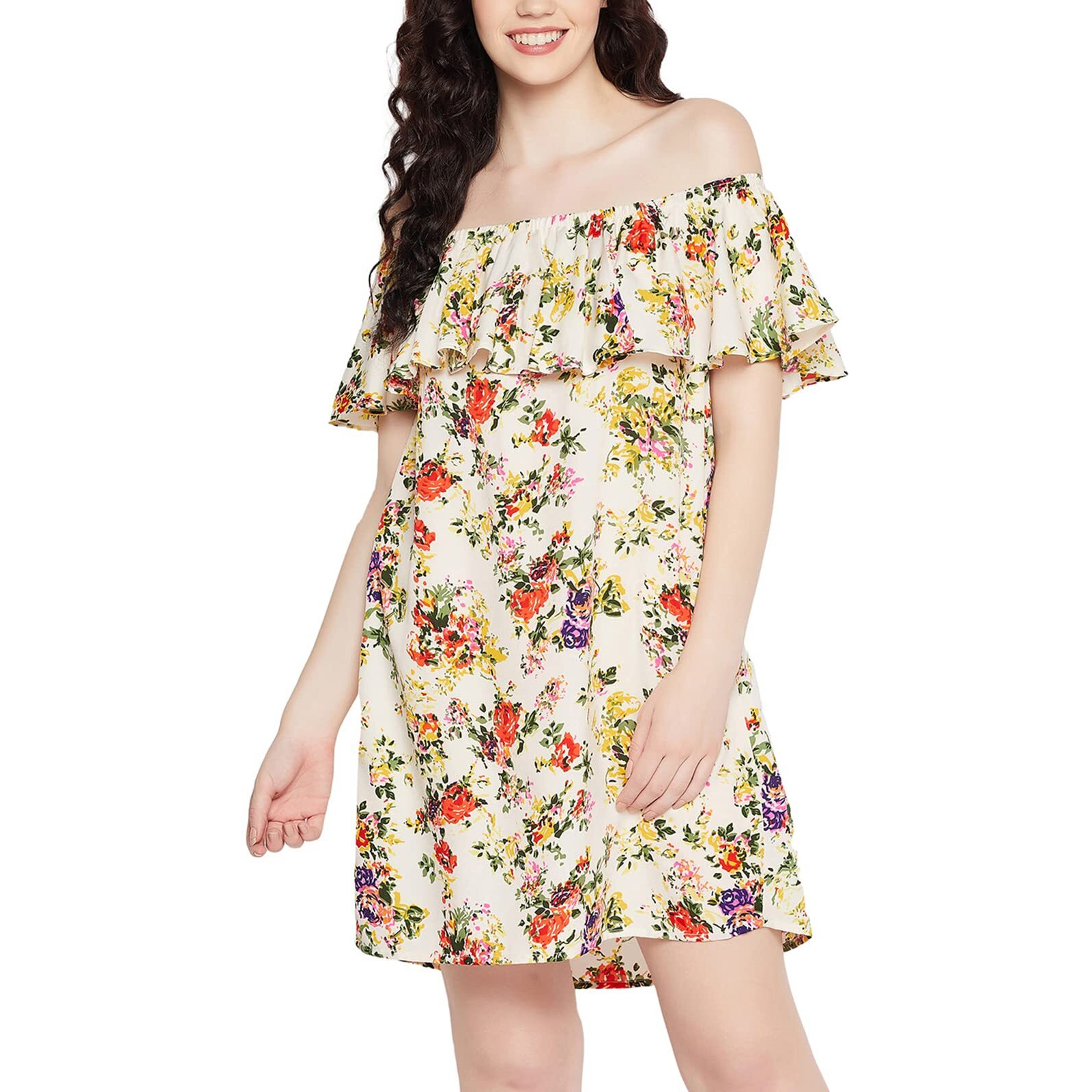 Clovia Women's Crepe Pretty Florals Resortwear Bardot Dress (Rw0018P18_White_L)