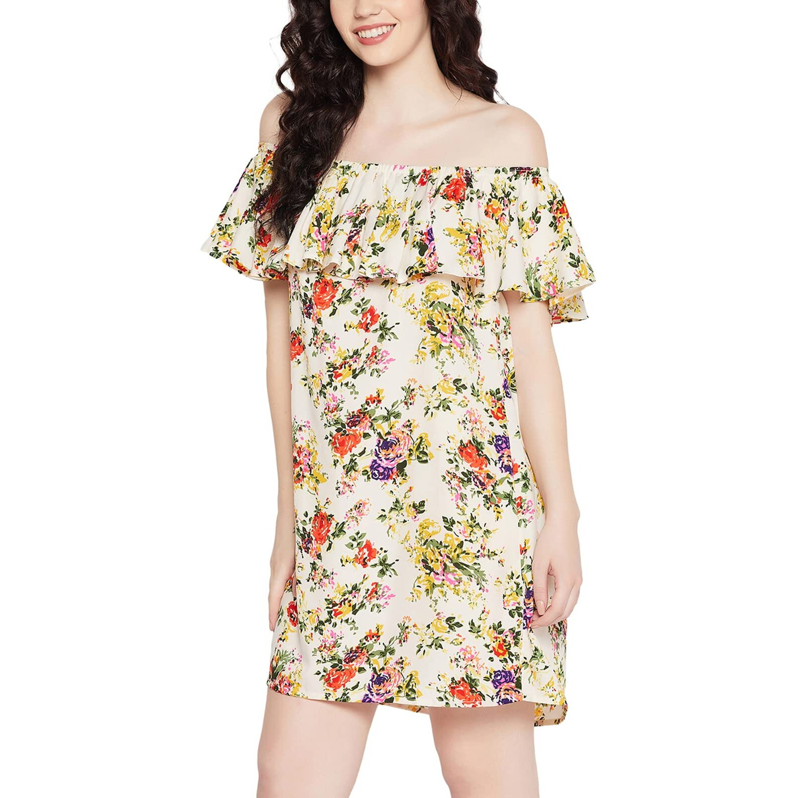 Clovia Women's Crepe Pretty Florals Resortwear Bardot Dress (Rw0018P18_White_L)