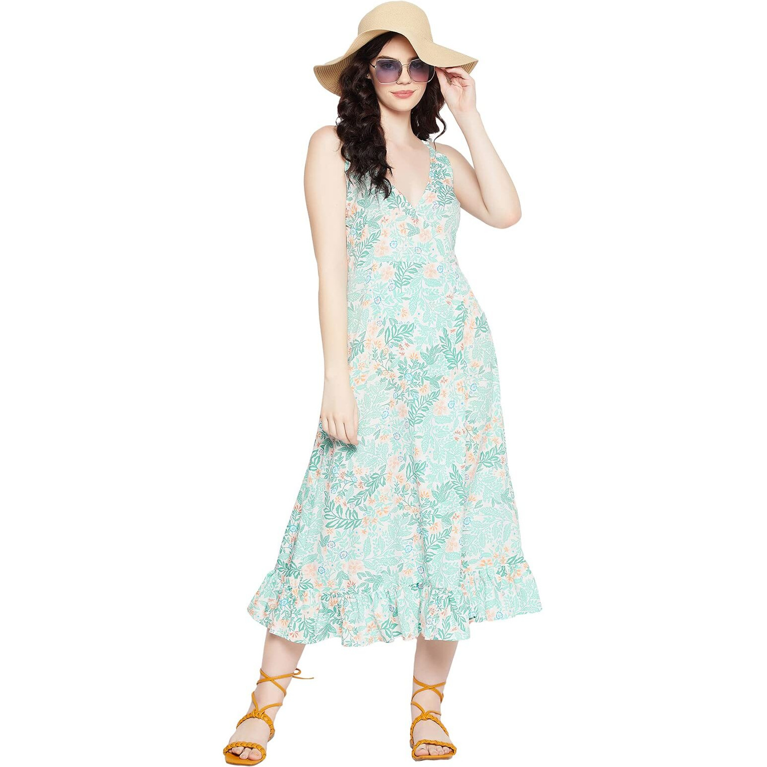 Clovia Women's Crepe Tropical Print Ruffled Resortwear Long Maxi (Rw0056P18_White_M)