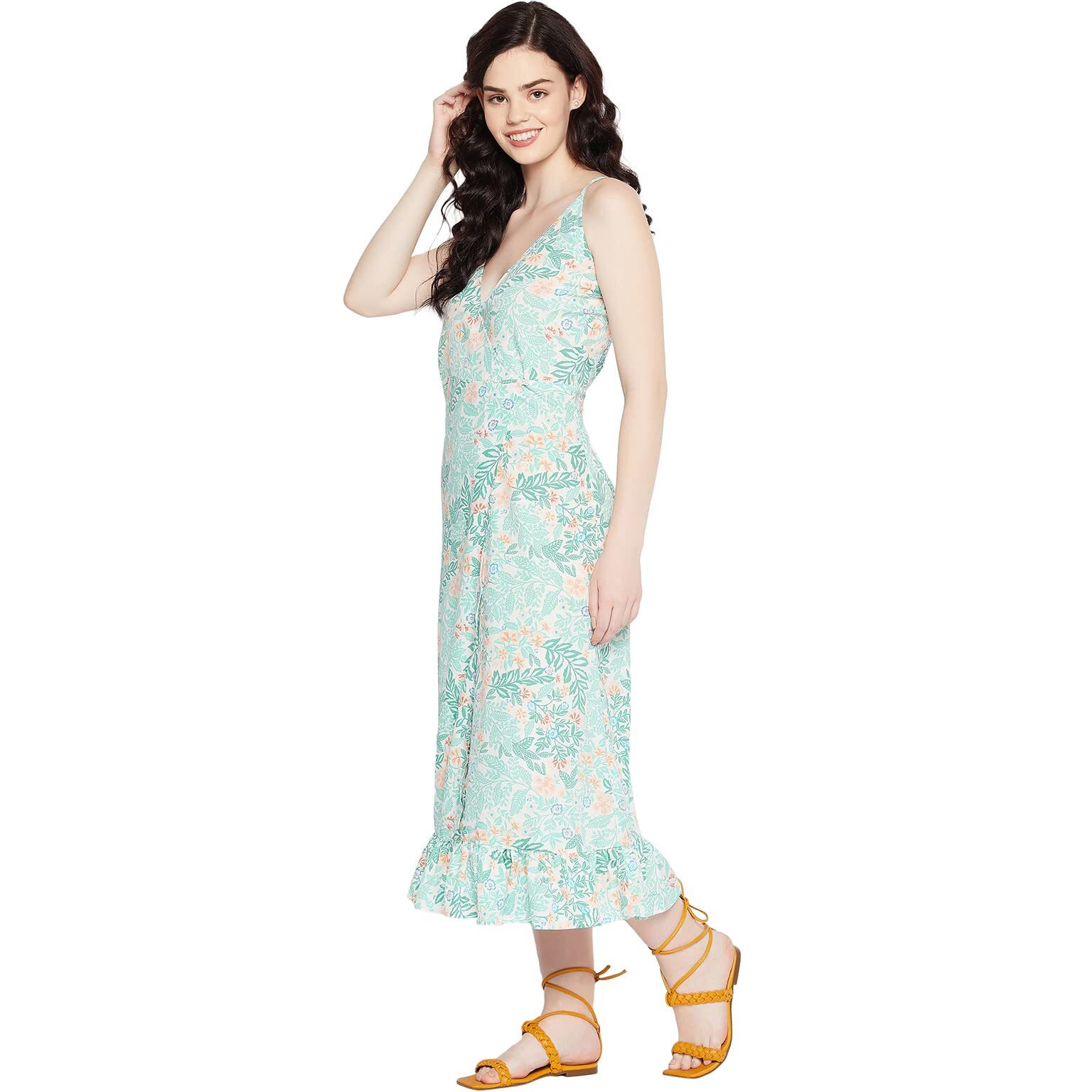 Clovia Women's Crepe Tropical Print Ruffled Resortwear Long Maxi (Rw0056P18_White_M)