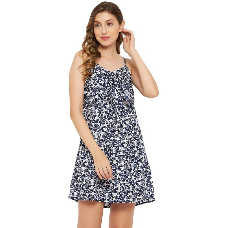 Clovia Women's Crepe Pretty Florals Resort Wear Dress In Blue (Rw0068P08_Blue_M)