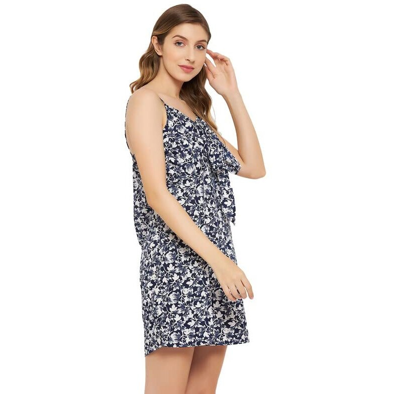 Clovia Women's Crepe Pretty Florals Resort Wear Dress In Blue (Rw0068P08_Blue_M)