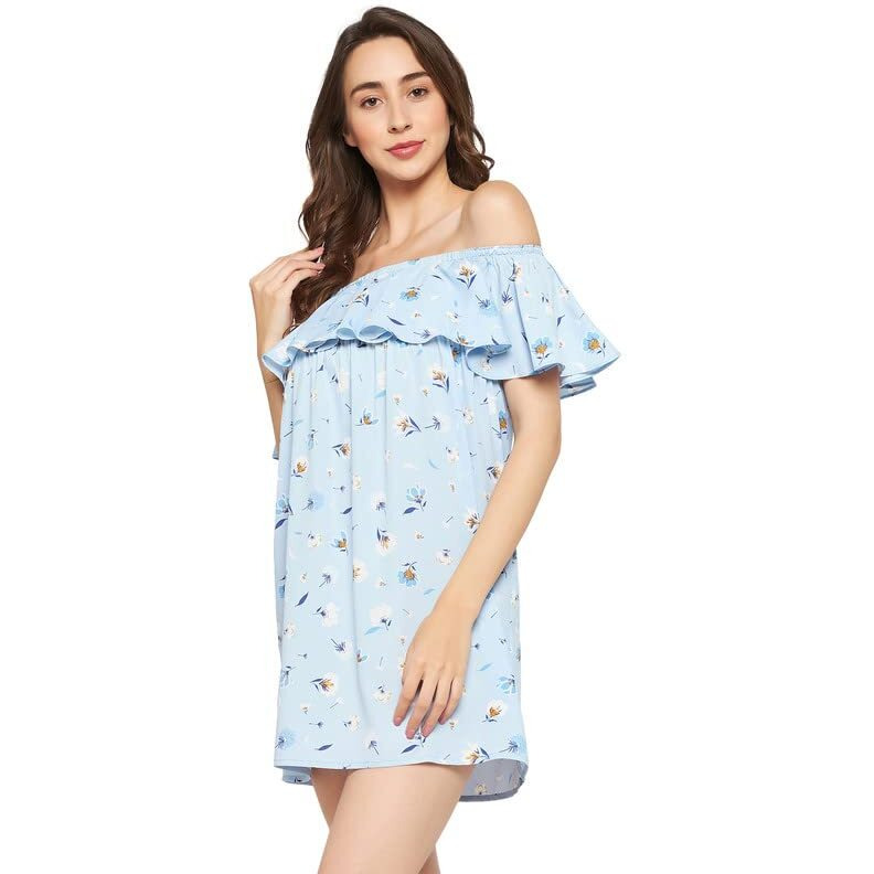 Clovia Women's Crepe Pretty Florals Resortwear Bardot Dress In Blue (Rw0018P03_Blue_Xl)