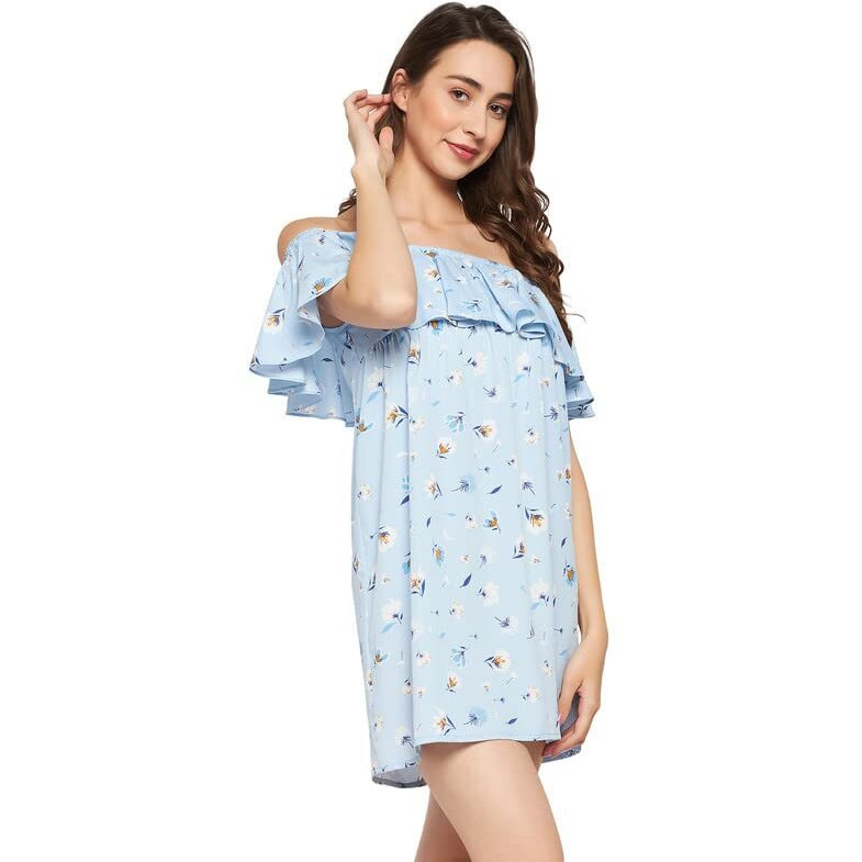 Clovia Women's Crepe Pretty Florals Resortwear Bardot Dress In Blue (Rw0018P03_Blue_Xl)