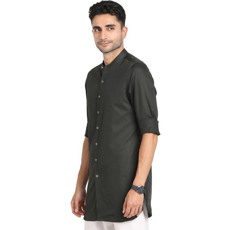 Turtle Men 100% Cotton Dark Green Jacqard Print Slim Fit Ceremonial Kurta