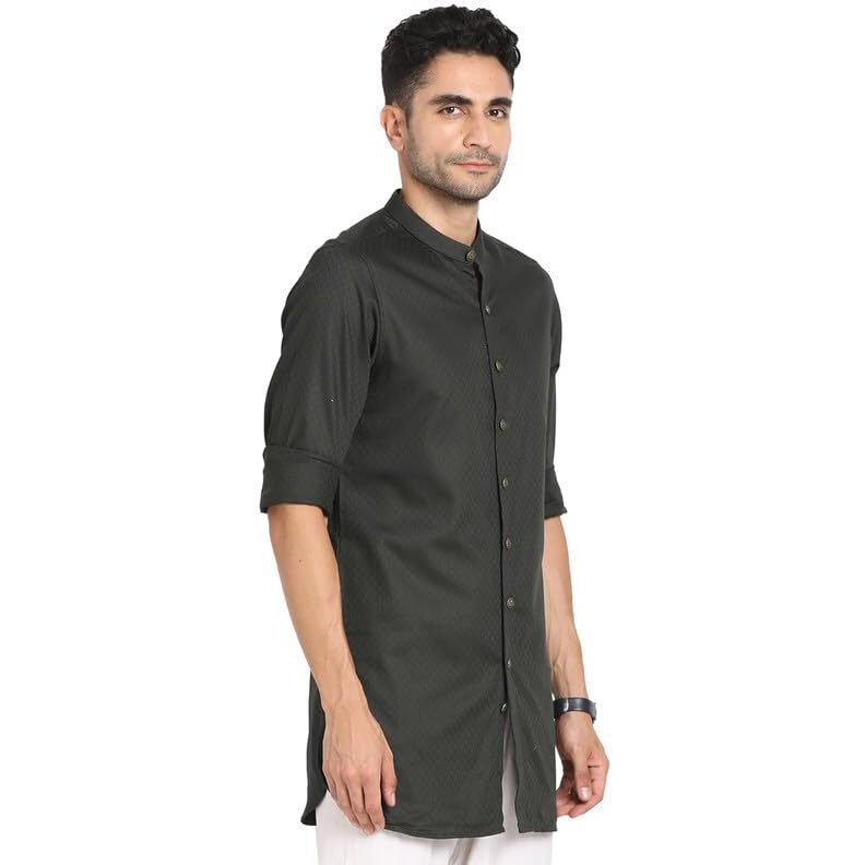 Turtle Men 100% Cotton Dark Green Jacqard Print Slim Fit Ceremonial Kurta