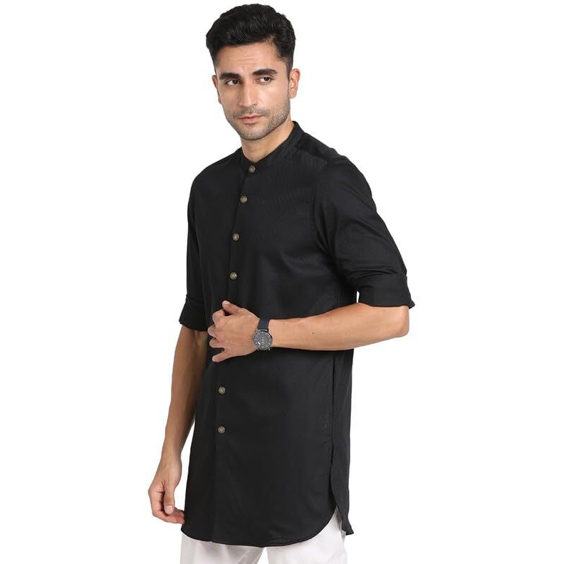 Turtle Men 100% Cotton Black Jacqard Print Slim Fit Ceremonial Kurta