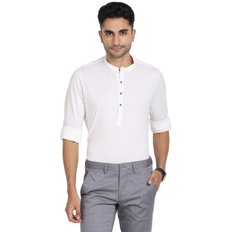 Turtle Men Knitted White Solid Kurta Full Sleeve Ceremonial Shirt