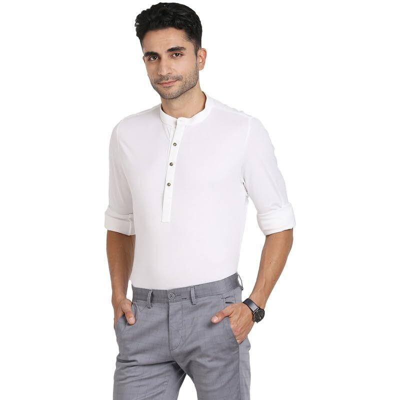 Turtle Men Knitted White Solid Kurta Full Sleeve Ceremonial Shirt