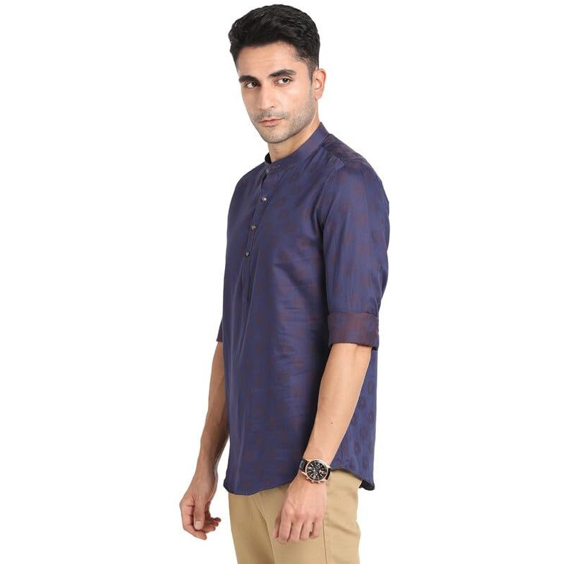 Turtle Men 100% Cotton Navy Jacqard Print Slim Fit Ceremonial Kurta