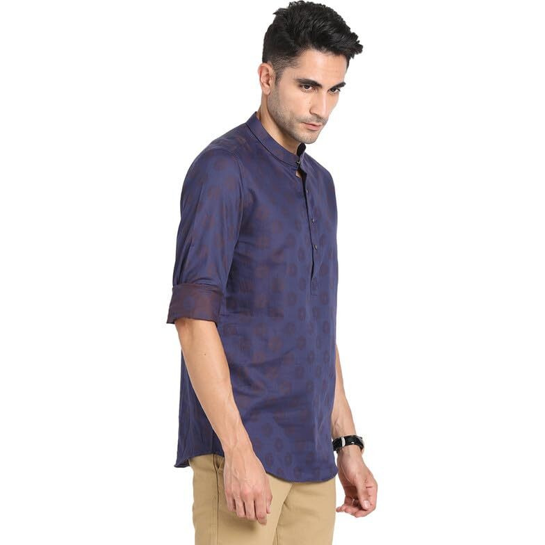 Turtle Men 100% Cotton Navy Jacqard Print Slim Fit Ceremonial Kurta