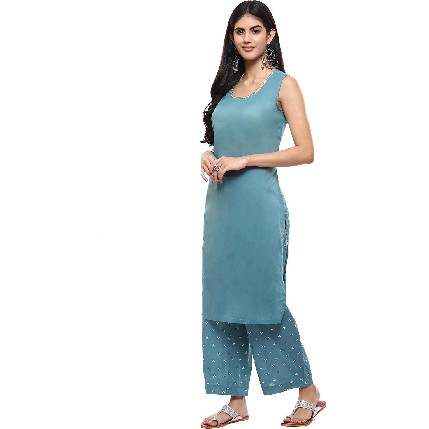 Biba Cotton Blend Women Printed Kalidar Salwar Kurta Dupatta(Skdbandhej8995_Blue_34)