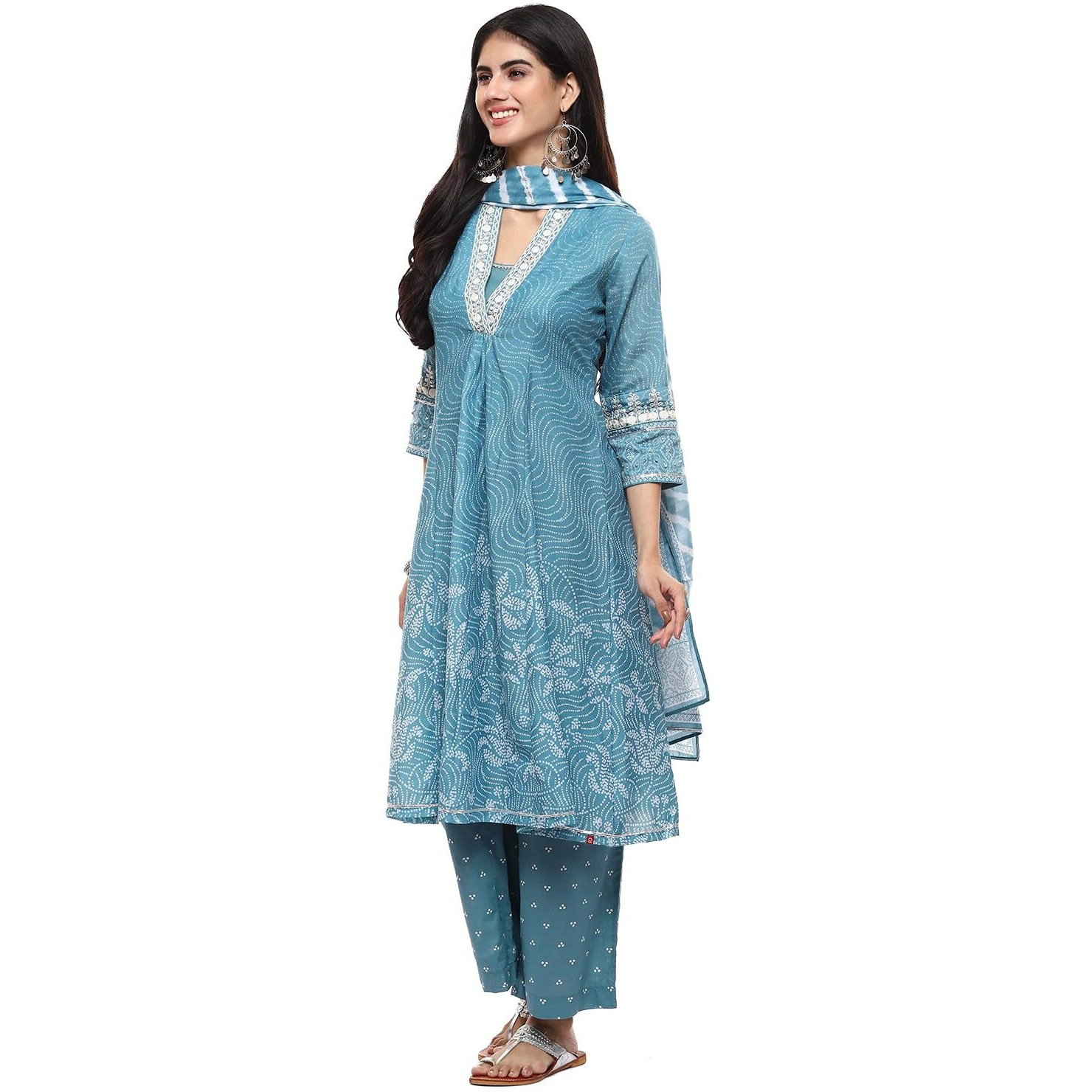 Biba Cotton Blend Women Printed Kalidar Salwar Kurta Dupatta(Skdbandhej8995_Blue_34)