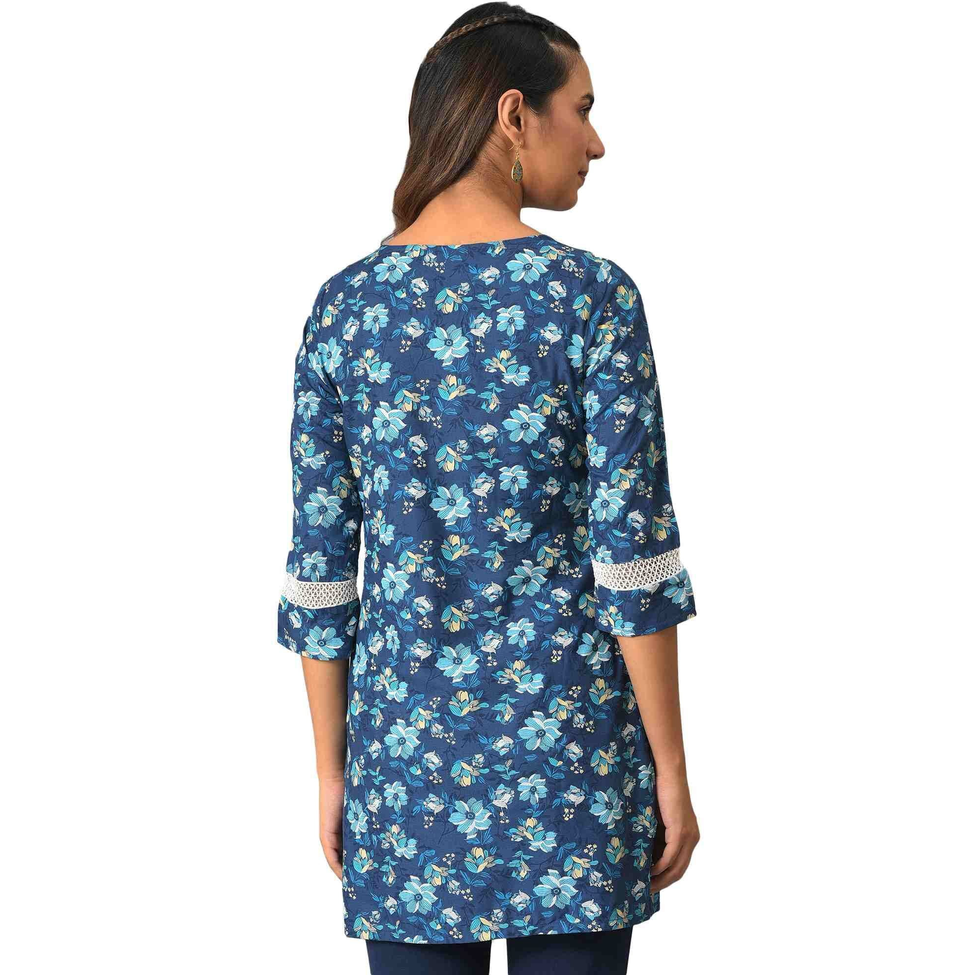 Dark Blue Floral Printed Short Kurti