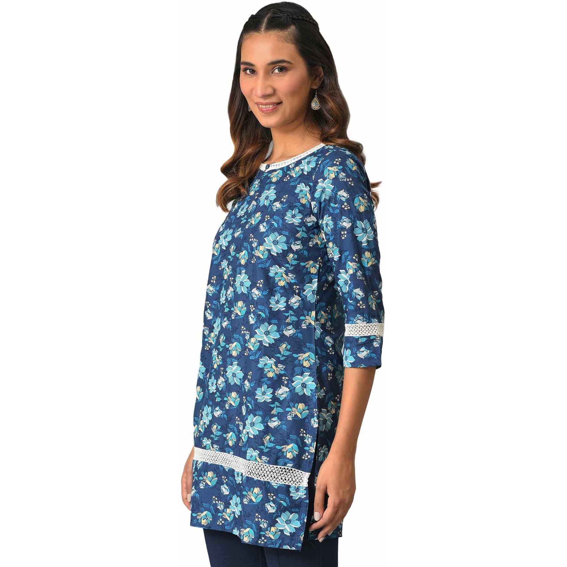 Dark Blue Floral Printed Short Kurti