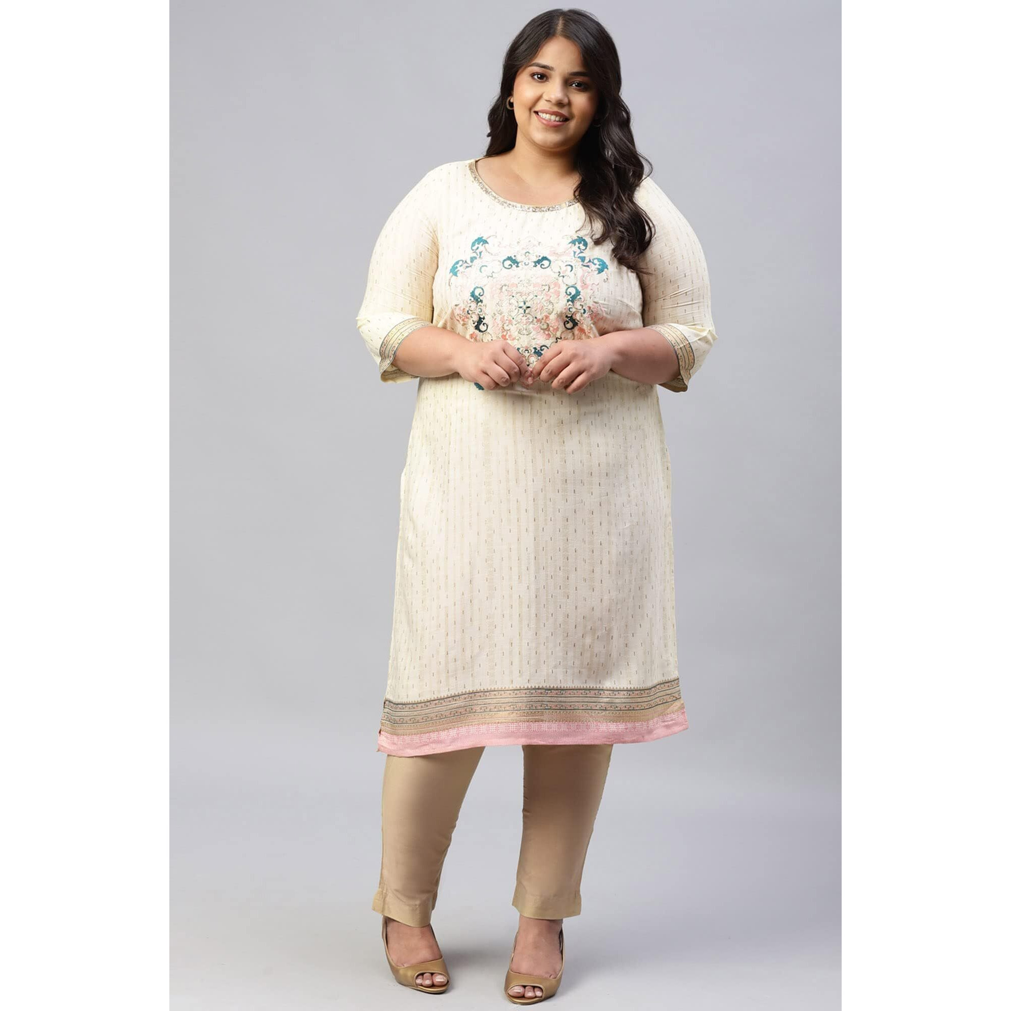 Aurelia Women Anise Flower Viscose Blend Geometric Printed Straight Kurta_22Aua12655P-504845_4Xl Beige