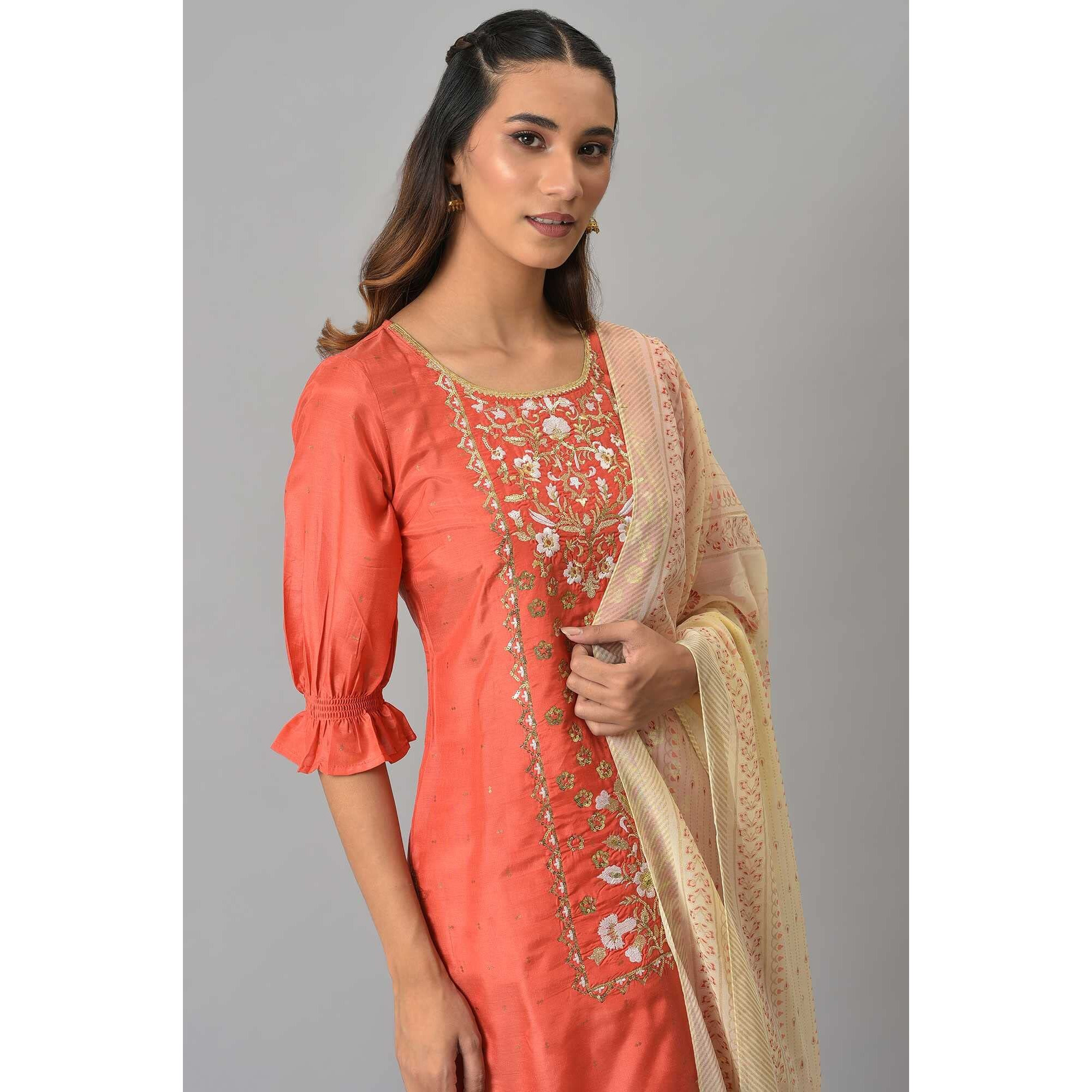 Peach Zari Embroidered Kurta And Palazzo With Printed Dupatta