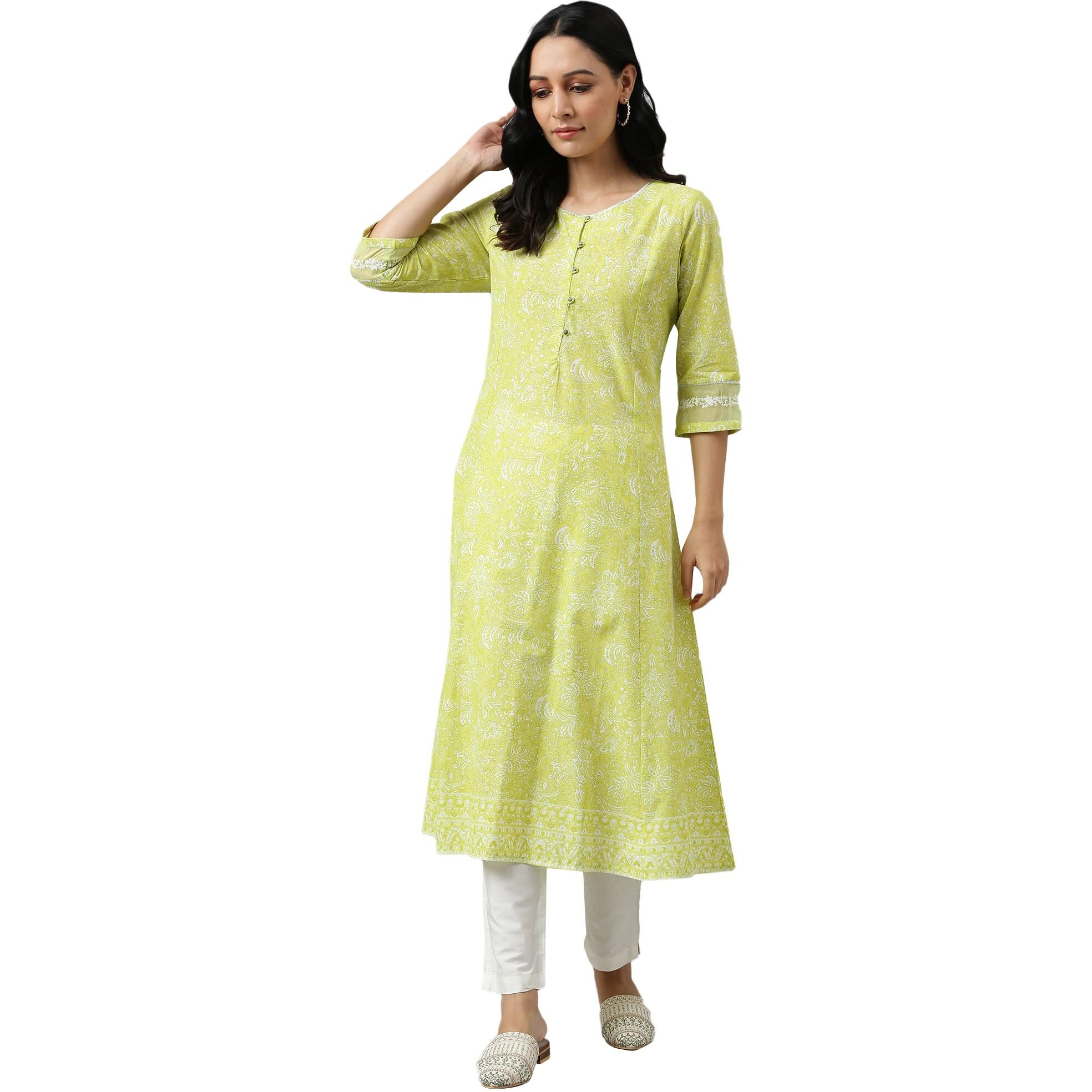 W For Woman Yellow Floral Printed Cotton Kurta With Thread Embroidery