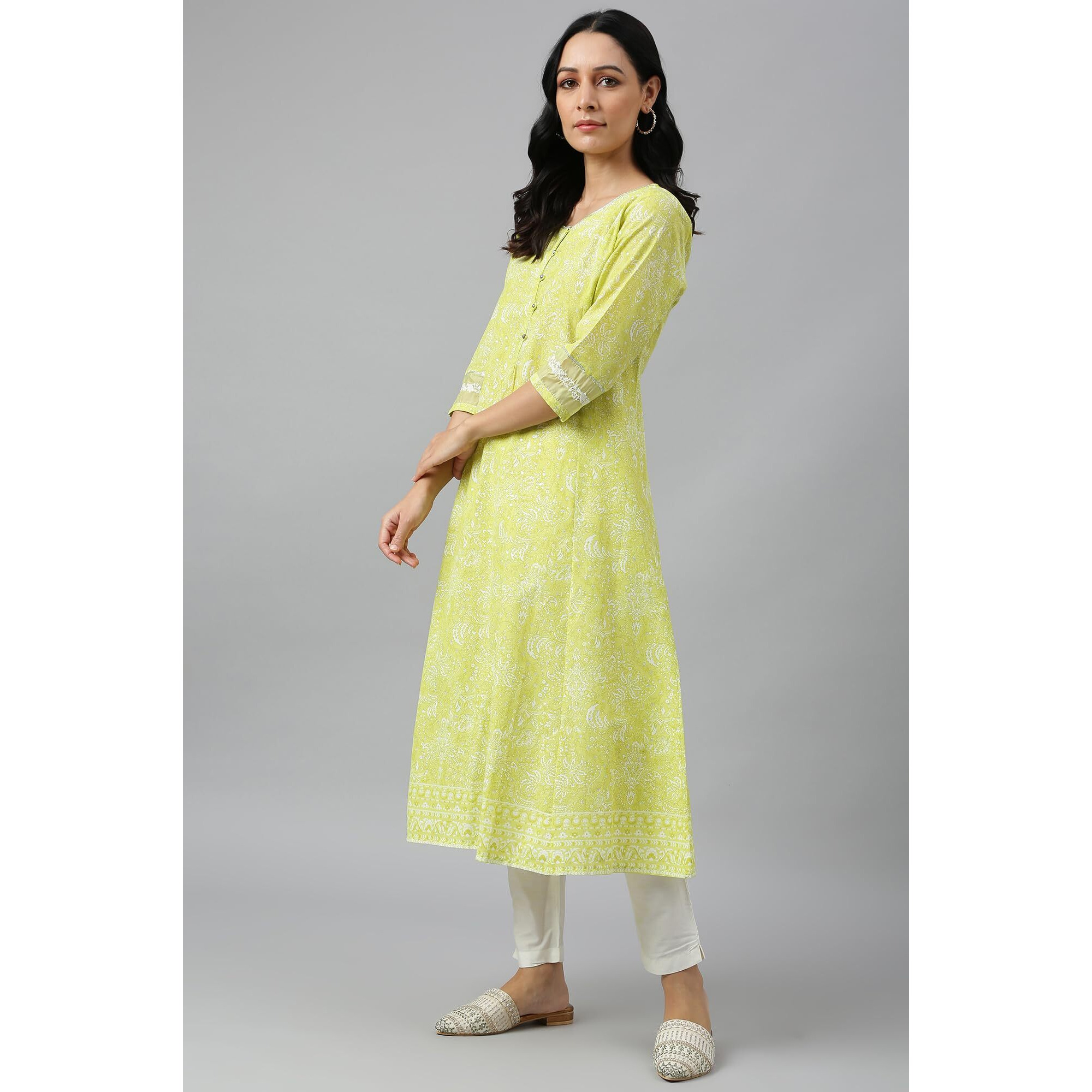 W For Woman Yellow Floral Printed Cotton Kurta With Thread Embroidery