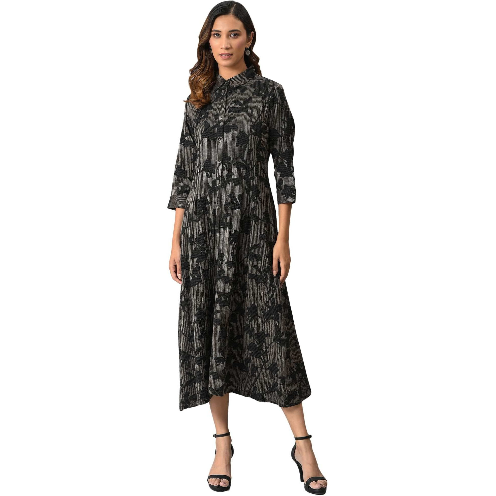 W For Woman Women's Cotton Blend Floral Dress (22Now18489-312537_Black