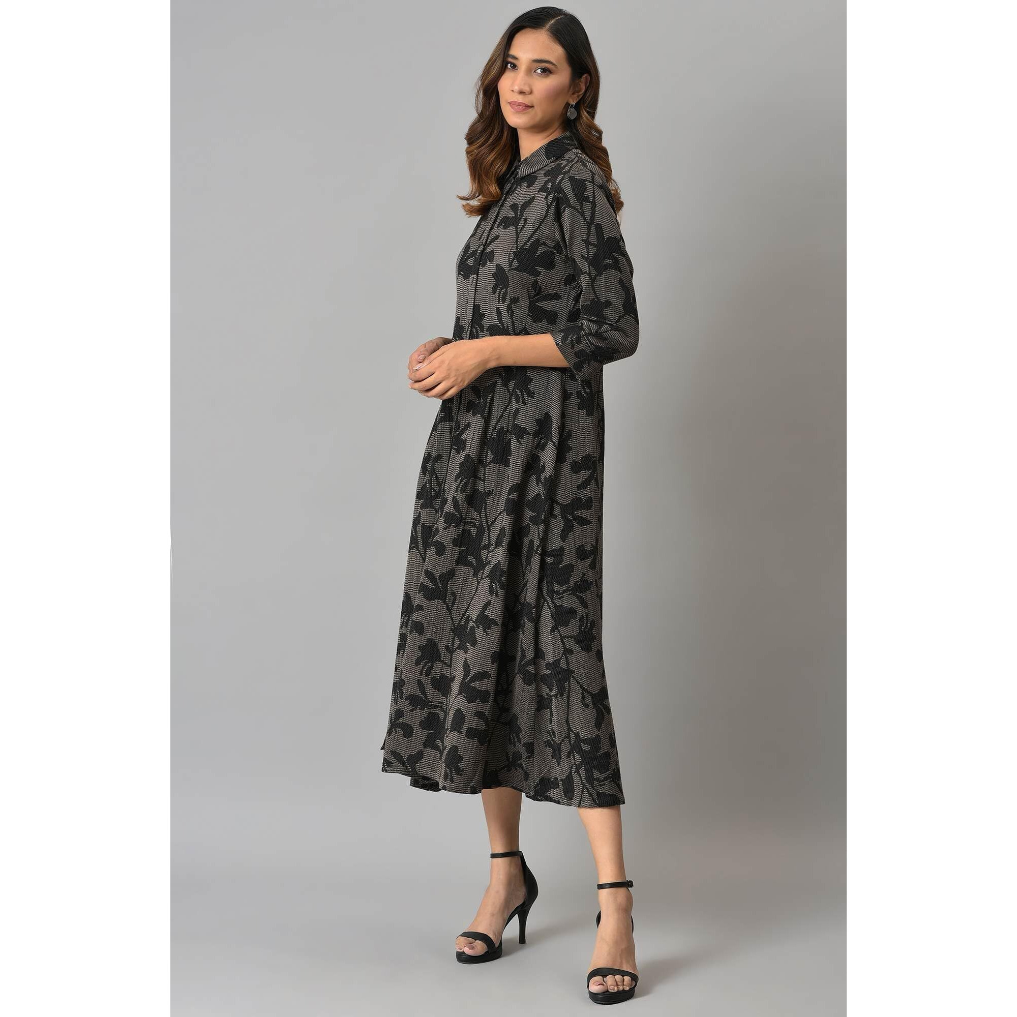 W For Woman Women's Cotton Blend Floral Dress (22Now18489-312537_Black