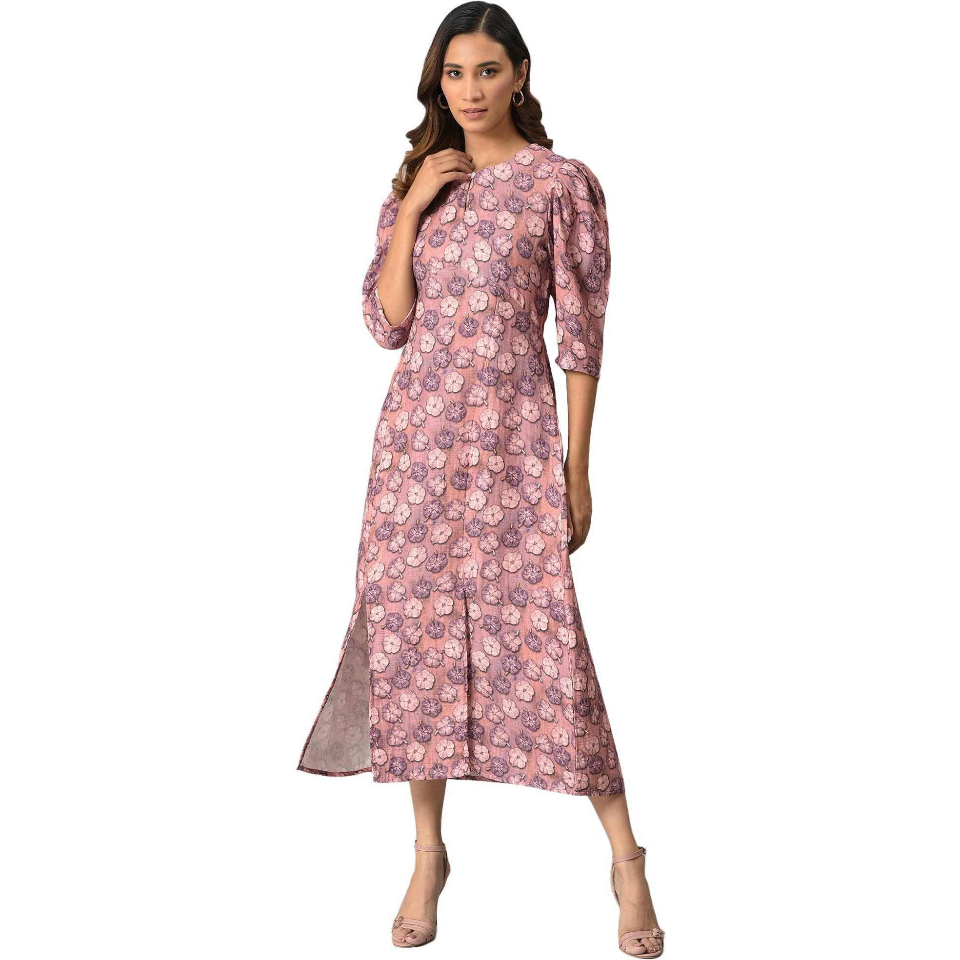 W For Woman Women's Cotton Pink Floral Printed Vaccy Dress Ankle Length 22Now18466-119646