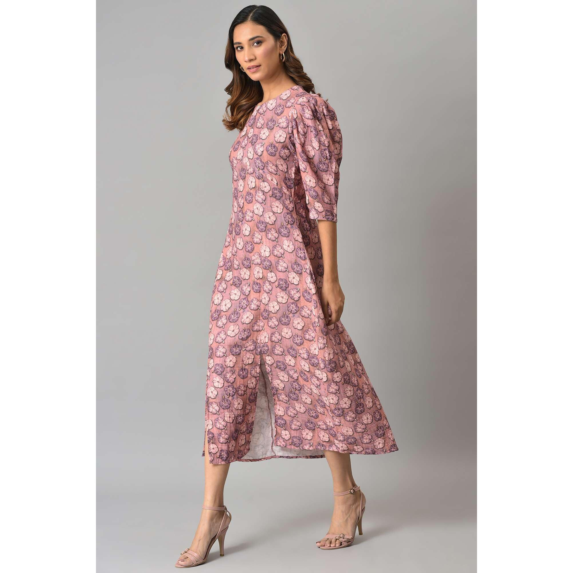 W For Woman Women's Cotton Pink Floral Printed Vaccy Dress Ankle Length 22Now18466-119646