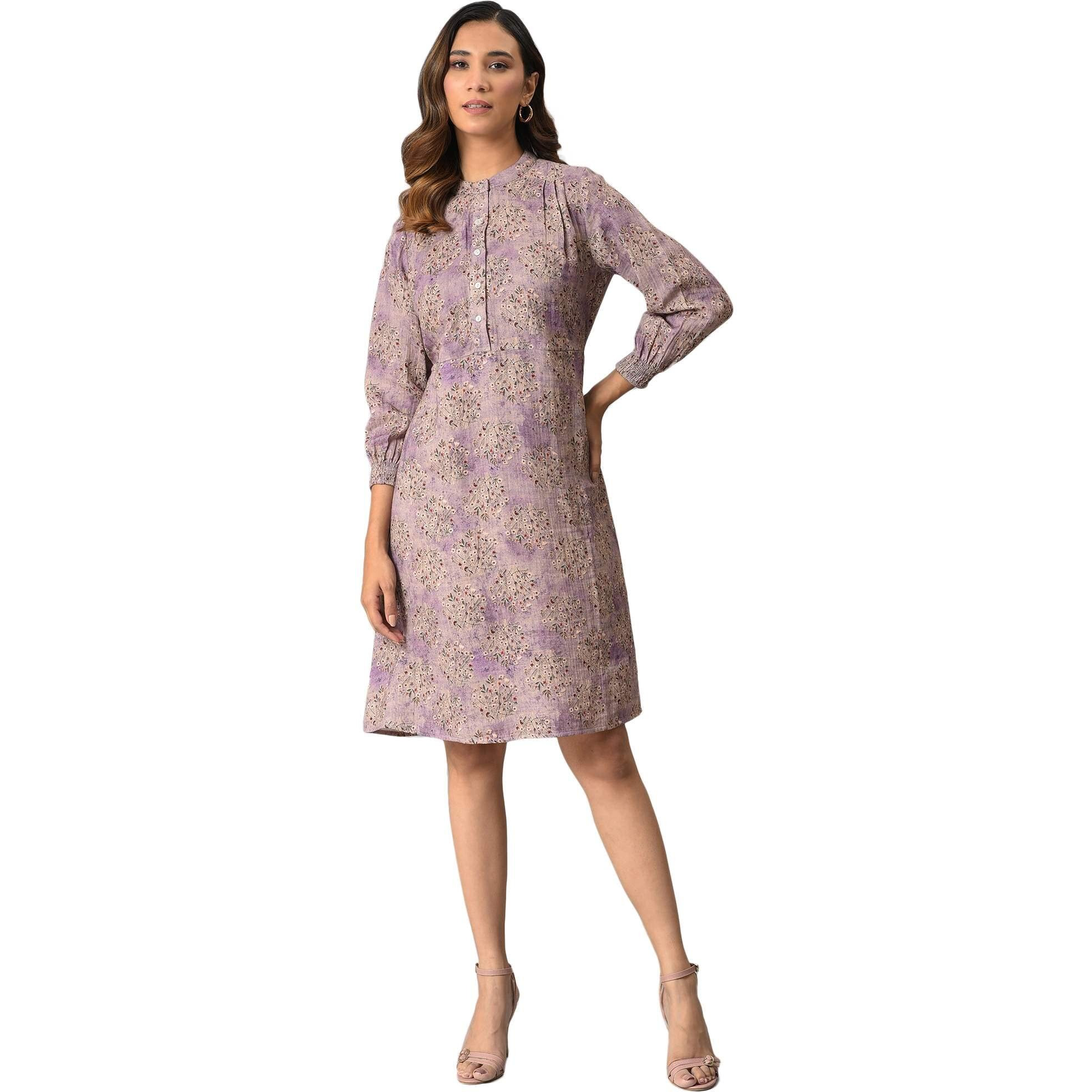 W For Woman Women's Cotton Lilac Floral Printed Western Dress Knee-Length 22Now18472-119656