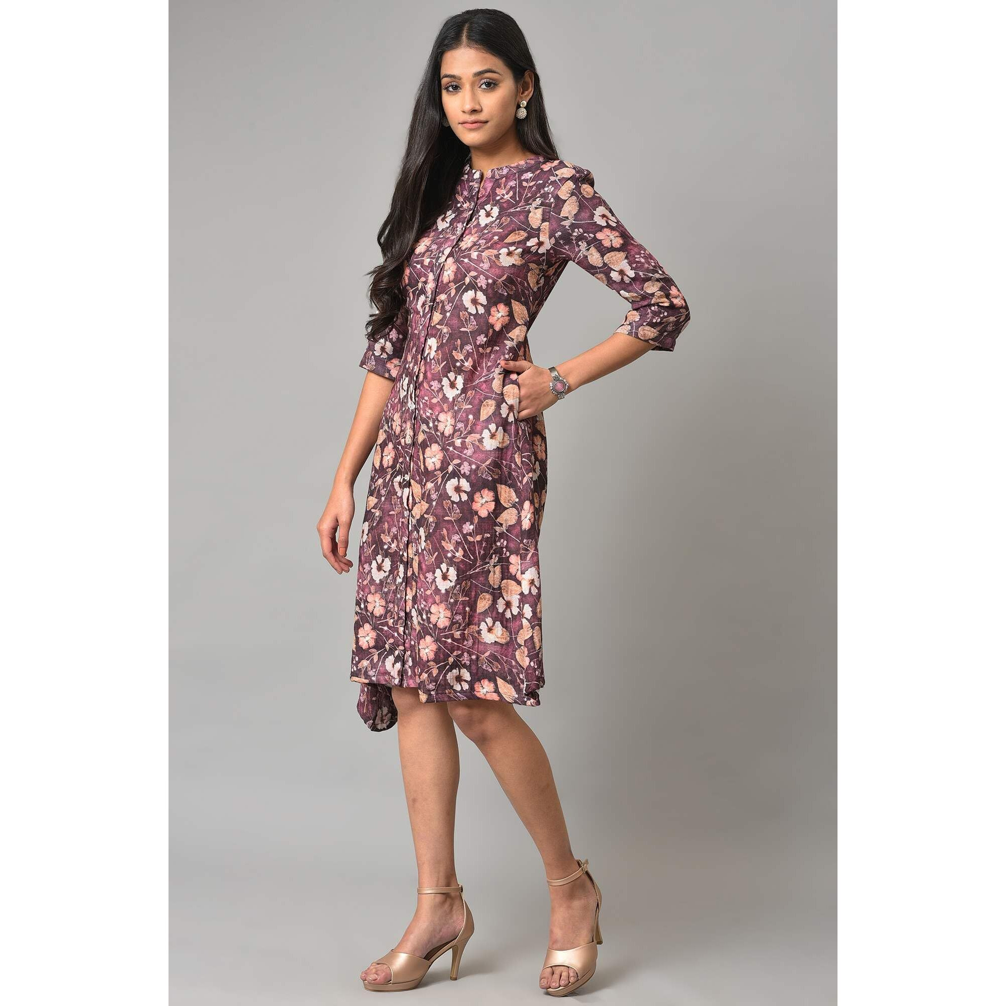 W For Woman Women's Cotton Pink Floral Printed Western Shirt Dress Calf Length 22Now18607-119660