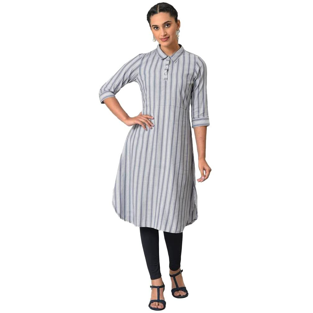 Aurelia Women's Cotton Solid Regular Blue Stripe Print Shirt Collar Kurta (23Fea13438-704099