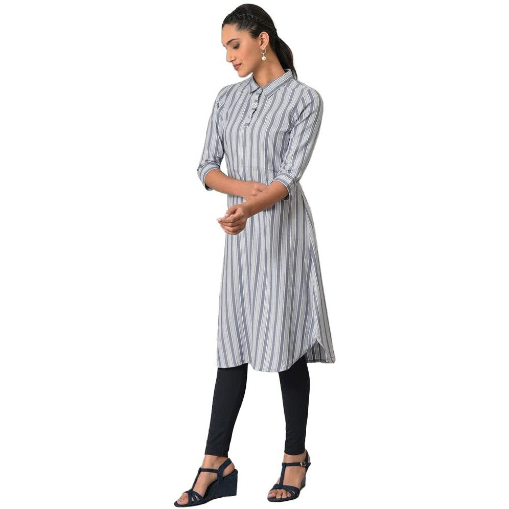 Aurelia Women's Cotton Solid Regular Blue Stripe Print Shirt Collar Kurta (23Fea13438-704099