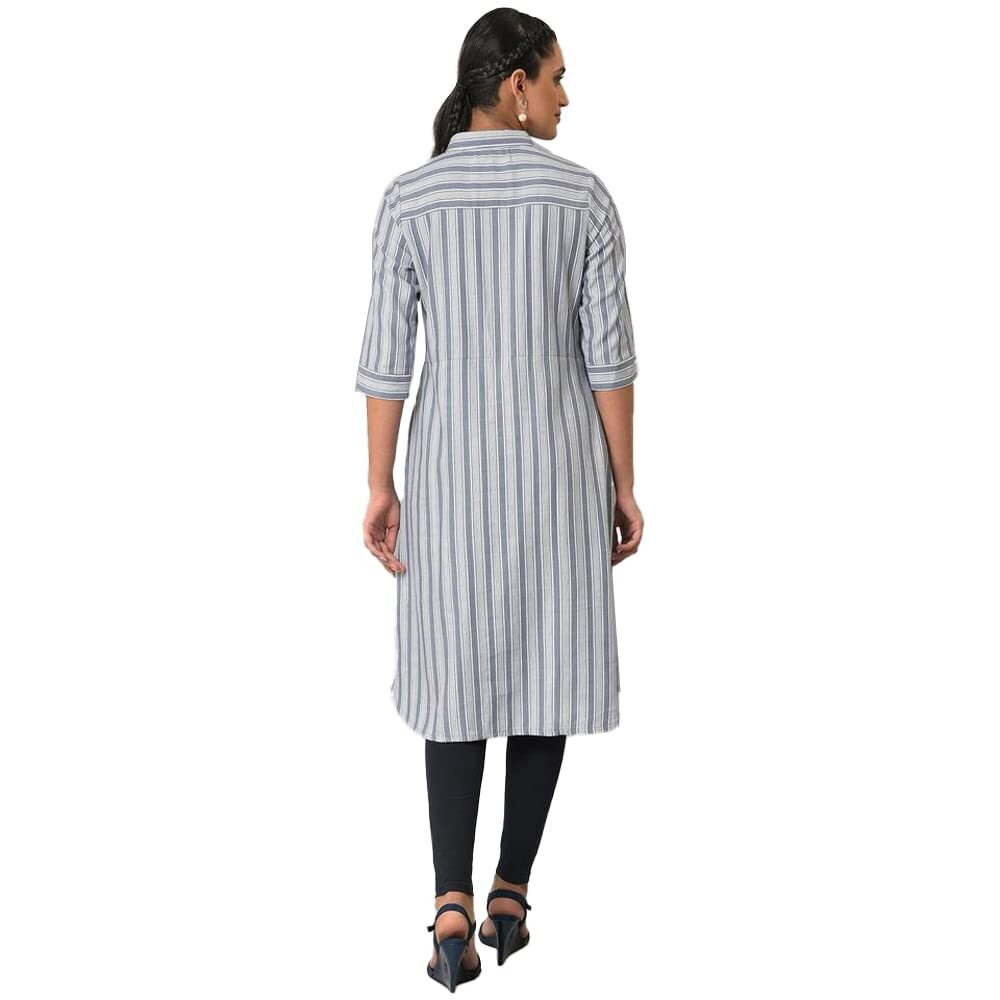Aurelia Women's Cotton Solid Regular Blue Stripe Print Shirt Collar Kurta (23Fea13438-704099