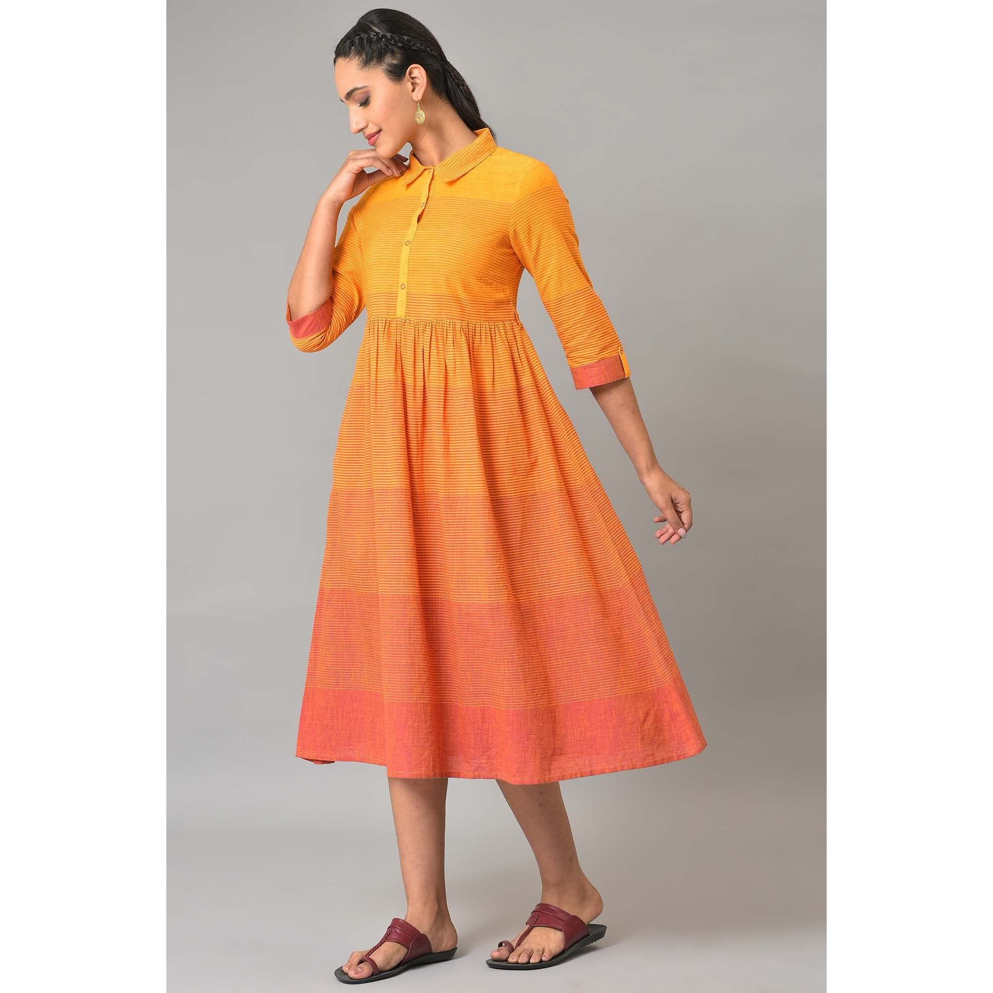 Orange Ombre Shirt Collar Summer Dress