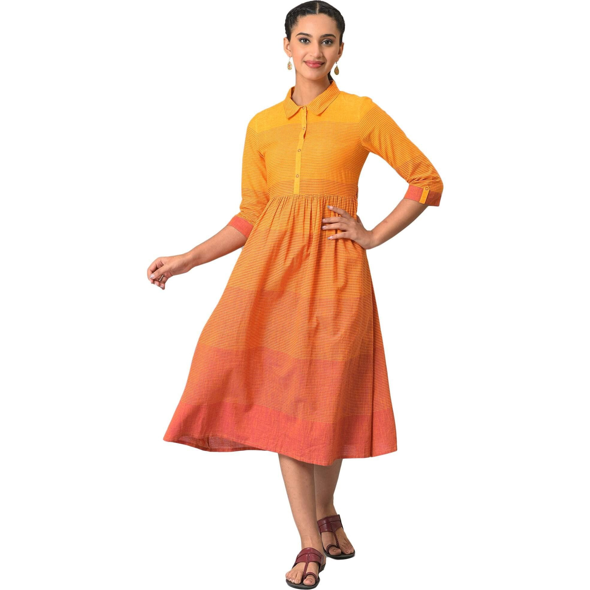 Orange Ombre Shirt Collar Summer Dress