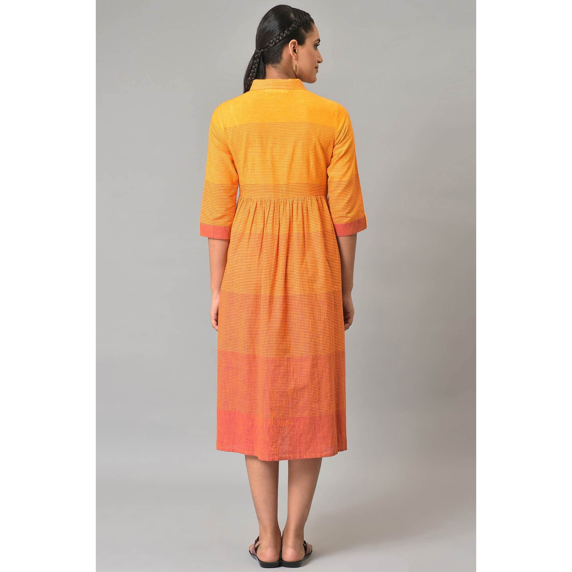 Orange Ombre Shirt Collar Summer Dress